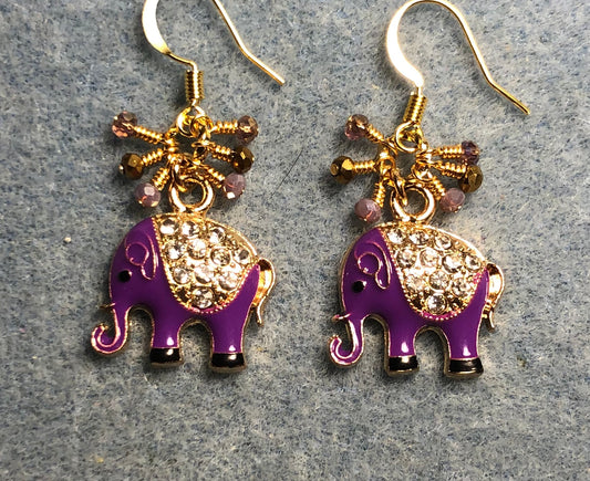 Purple enamel and colorful rhinestone elephant charm earrings adorned with tiny dangling purple and gold Chinese crystal beads.