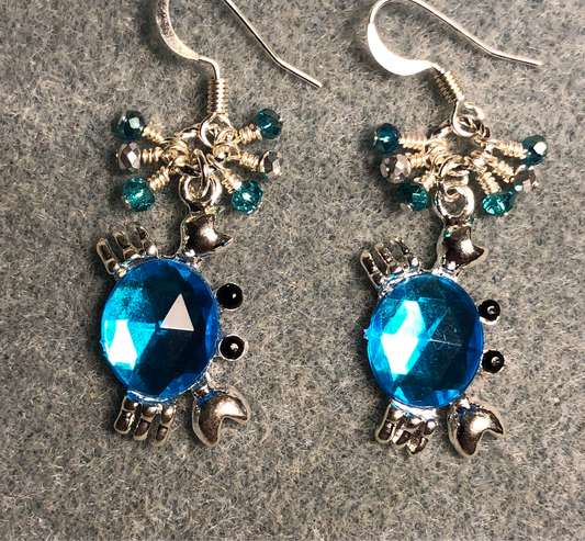 Silver and turquoise rhinestone crab charm earrings adorned with tiny dangling turquoise and silver Chinese crystal beads.