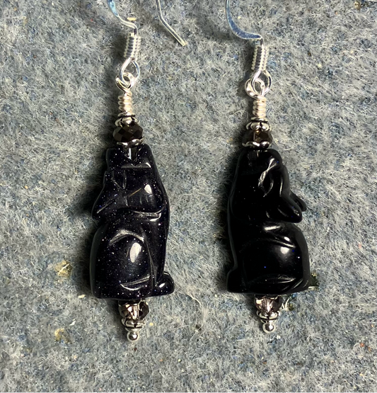 Blue goldstone gemstone howling coyote bead earrings adorned with purple Chinese crystal beads.