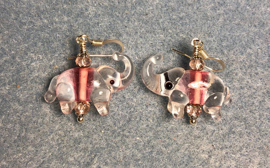 Clear and pink lamp work elephant bead earrings adorned with pink Chinese crystal beads.