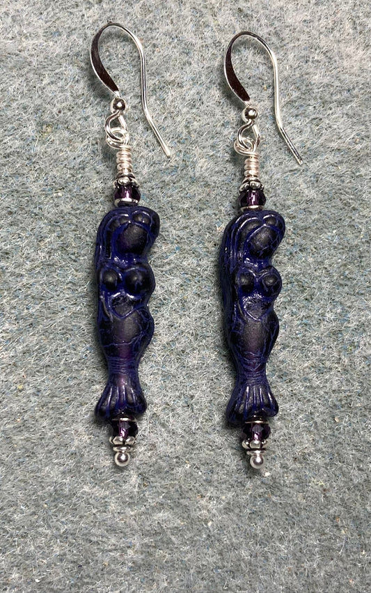 Dark purple Czech glass mermaid bead earrings adorned with purple Chinese crystal beads.