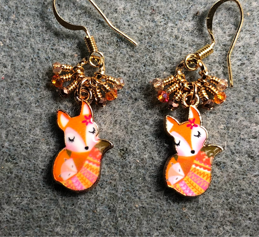 Small orange and tan enamel fox charm earrings adorned with tiny dangling orange, brown, and tan Chinese crystal beads.