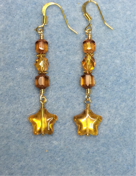 Small amber topaz Czech glass star bead earrings adorned with amber Czech glass beads.