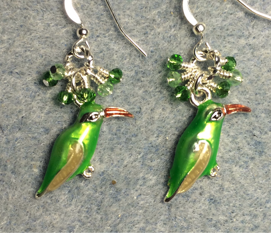 Green and amber enamel bird charm earrings adorned with tiny dangling green Chinese crystal beads.