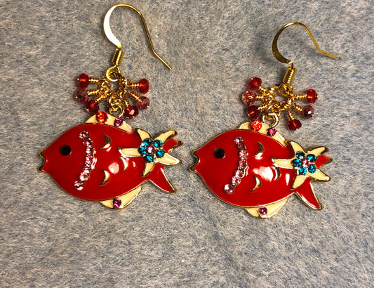 Red enamel and rhinestone fish charm earrings adorned with tiny dangling red and pink Chinese crystal beads.