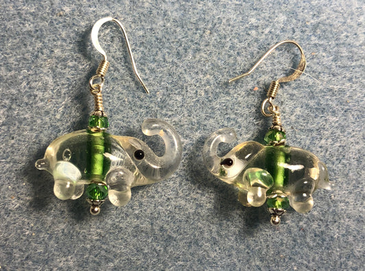 Clear and olive green lamp work elephant bead earrings adorned with olive green Chinese crystal beads.