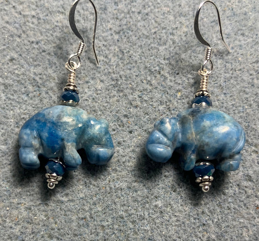 Blue lapis gemstone hippo bead earrings adorned with blue Chinese crystal beads.