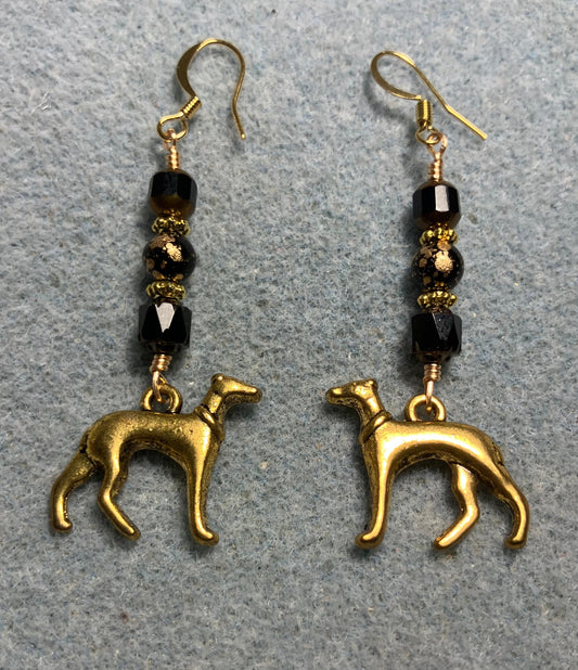 Gold greyhound charm earrings adorned with black Czech glass beads
