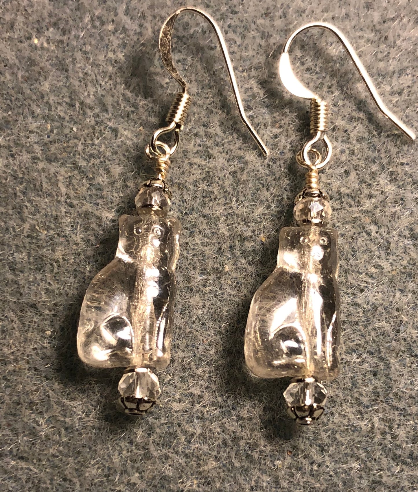 Small clear Czech glass cat bead earrings adorned with clear Chinese crystal beads.