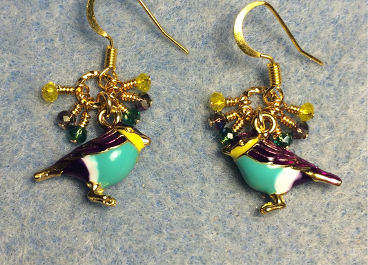 Turquoise, purple, and yellow enamel finch charm earrings adorned with tiny dangling turquoise, purple, and yellow Chinese crystal beads.