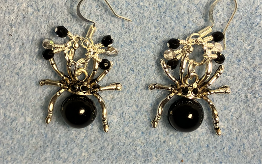 Silver and black enamel and rhinestone spider charm earrings adorned with tiny dangling black and silver Czech glass beads.