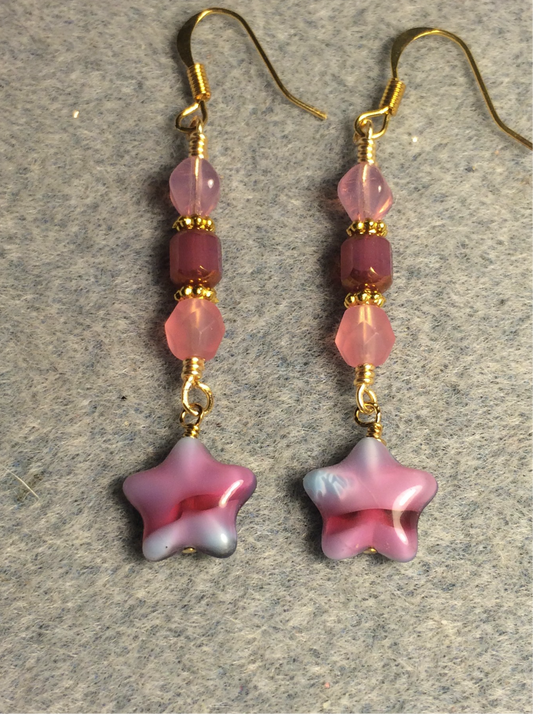 Small pink marbled Czech glass star bead earrings adorned with pink Czech glass beads.