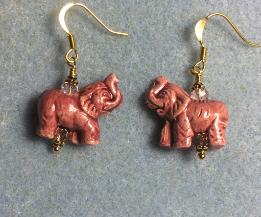 Rose pink ceramic elephant bead earrings adorned with pink Chinese crystal beads.