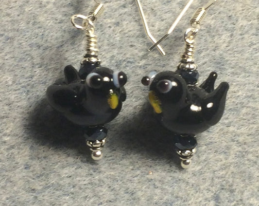 Vintage black lamp work raven bead earrings adorned with black Chinese crystal beads.