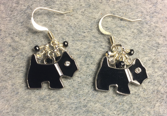 Black enamel and rhinestone Scottish terrier dog charm earrings adorned with tiny dangling black and clear Chinese crystal beads.