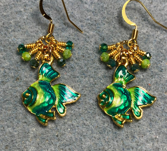 Teal and lime green enamel angelfish charm earrings adorned with tiny dangling teal and lime green Chinese crystal beads.