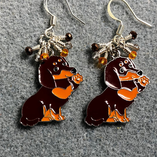 Large brown and orange enamel dachshund charm earrings adorned with tiny dangling brown, orange, and silver Chinese crystal beads.