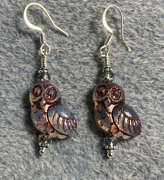 Light blue (with copper wash) fancy Czech glass owl bead earrings adorned with light blue Chinese crystal beads.