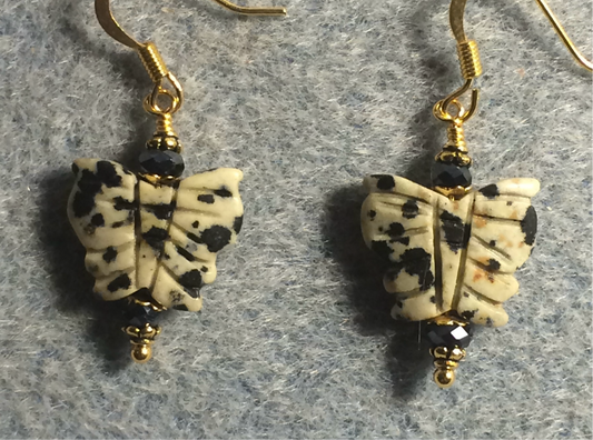 Dalmatian jasper gemstone butterfly bead earrings adorned with black Chinese crystal beads.