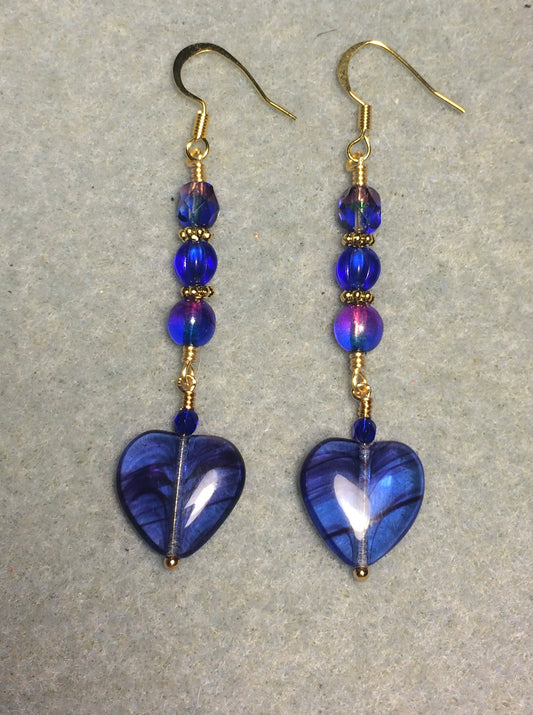 Cobalt blue and purple Czech glass heart bead earrings adorned with cobalt blue and purple Czech glass beads.
