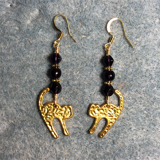 Gold scaredy cat charm earrings adorned with black Czech glass beads