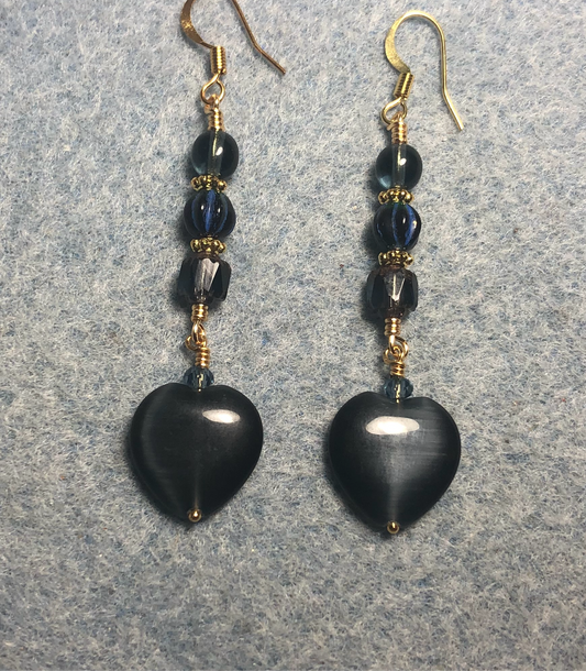 Montana blue fiber optic (cat’s eye) Czech glass heart bead earrings adorned with Montana blue Czech glass beads.