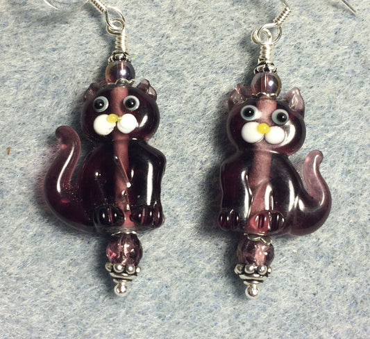 Translucent grape purple lamp work cat bead earrings adorned with purple Czech glass beads.