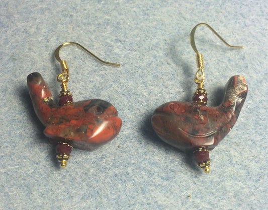Red brecciated jasper gemstone whale bead earrings adorned with dark red Chinese crystal beads.
