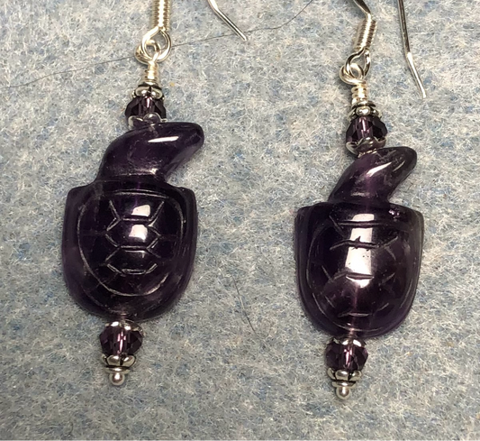 Genuine amethyst gemstone turtle bead earrings adorned with purple Chinese crystal beads.