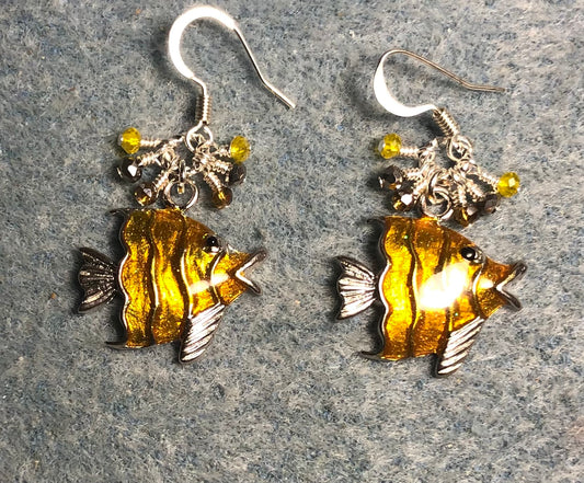 Silver and amber enamel angelfish charm earrings adorned with tiny dangling yellow, silver, and amber Chinese crystal beads.