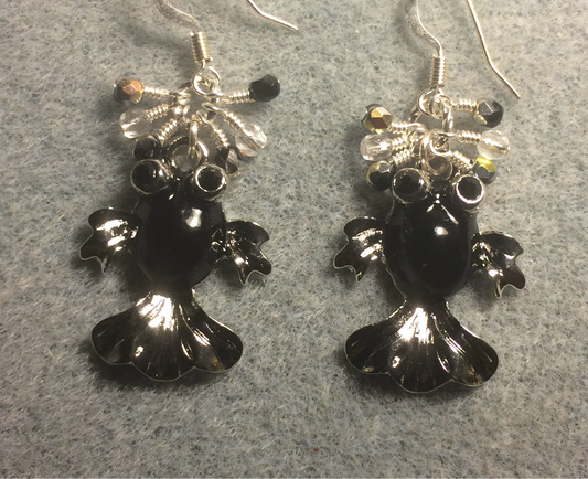 Silver and black rhinestone goldfish charm earrings adorned with small dangling black and clear beads.