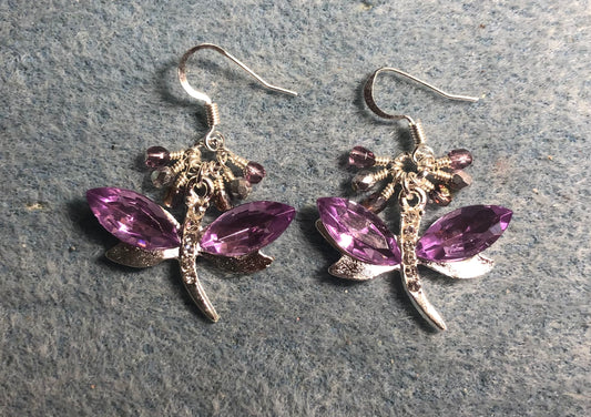 Purple and silver rhinestone dragonfly charm earrings adorned with small dangling purple and silver Czech glass beads.