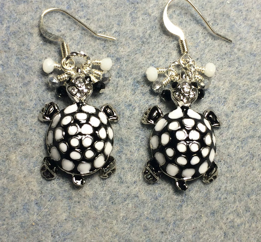 Black and white enamel mosaic turtle charm earrings adorned with tiny dangling black, white, and silver Chinese crystal beads.