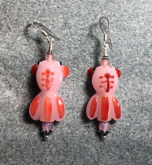 Pink and red lamp work striped fish bead earrings adorned with pink Czech glass beads.