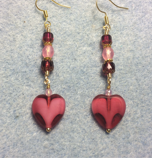 Bright pink Czech glass heart bead earrings adorned with pink Czech glass beads.