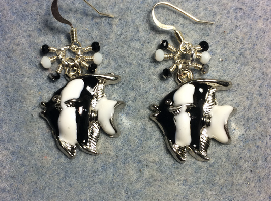 Black and white enamel striped angelfish charm earrings adorned with tiny dangling black and white Chinese crystal beads.