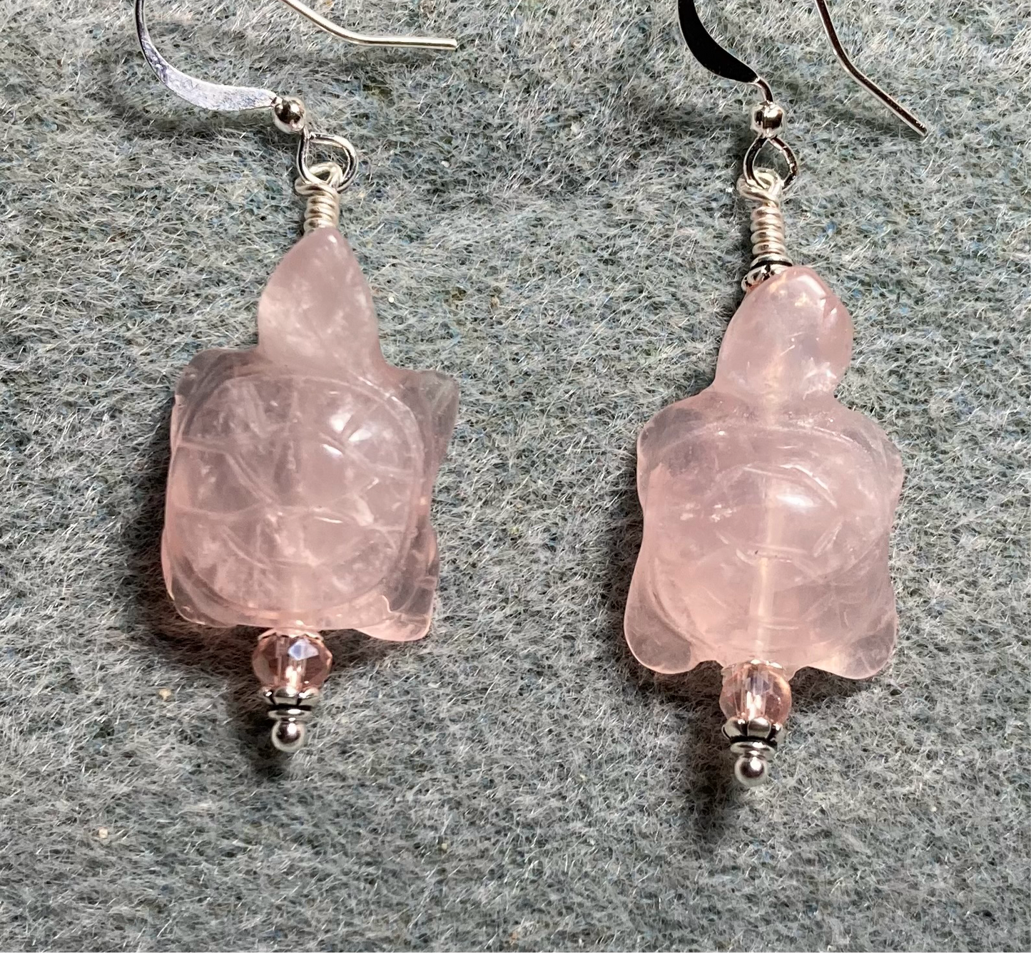 Pink rose quartz gemstone turtle bead earrings adorned with pink Chinese crystal beads.