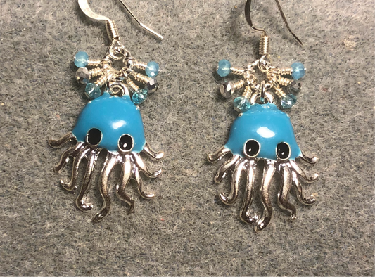 Turquoise and silver enamel octopus charm earrings adorned with tiny dangling turquoise and silver Chinese crystal beads.