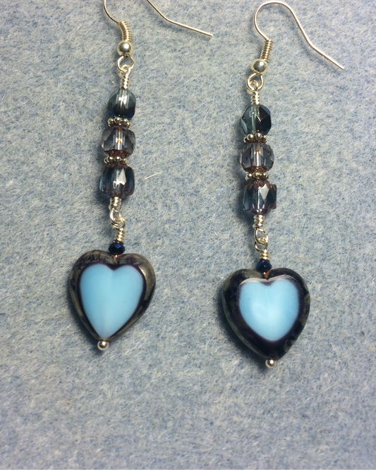 Opaque Montana blue Czech glass heart bead earrings adorned with Montana blue Czech glass beads.