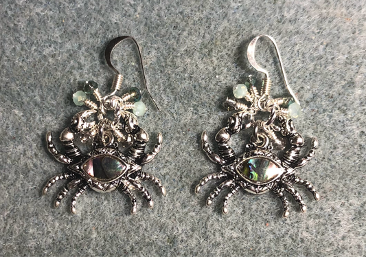 Silver and abalone crab charm earrings adorned with tiny dangling light green and silver Chinese crystal beads.
