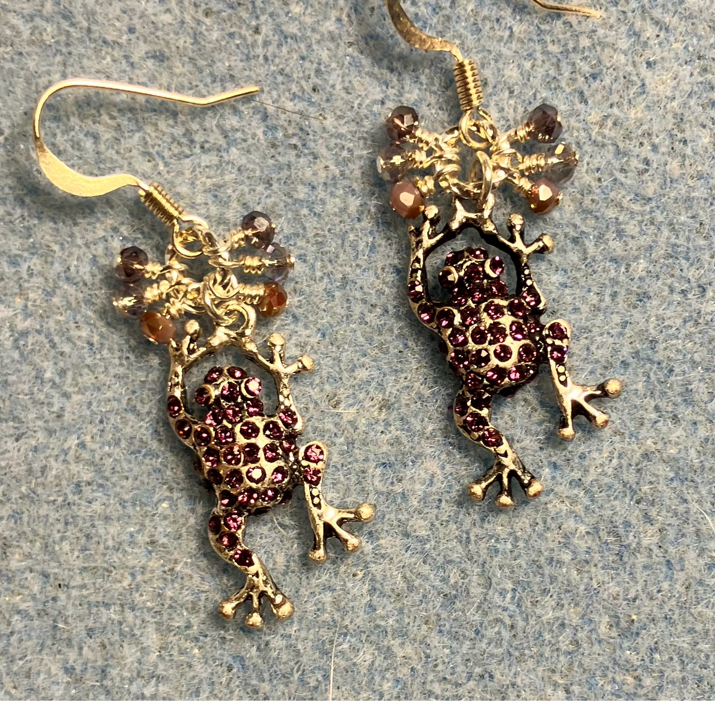 Vintage antique silver and lavender rhinestone frog charm earrings adorned with tiny dangling lavender and silver Chinese crystal beads.