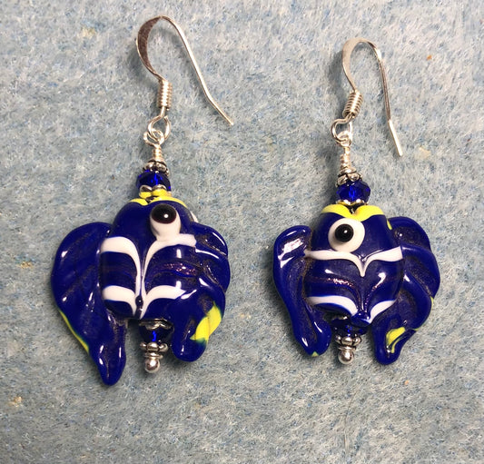Vintage blue, white, and yellow lamp work fish bead earrings adorned with blue Chinese crystal beads.