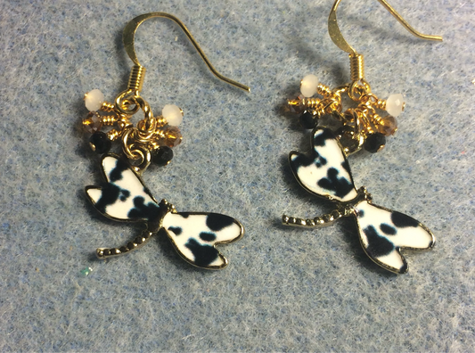 Black and white enamel dragonfly charm earrings adorned with tiny dangling black, white, and amber Chinese crystal beads.