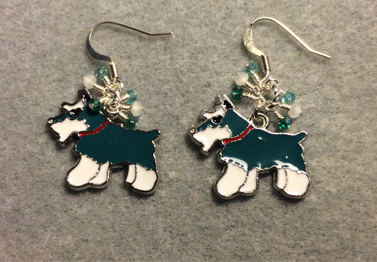 Teal and white enamel Schnauzer dog charm earrings adorned with tiny dangling teal and white Chinese crystal beads.