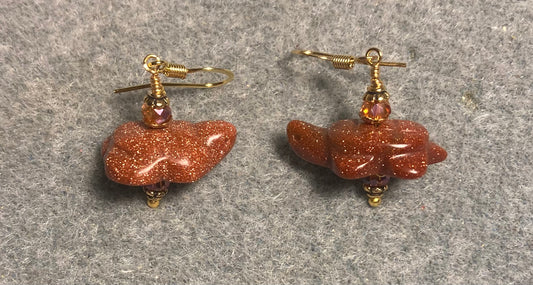 Orange goldstone gemstone turtle bead earrings adorned with orange Chinese crystal beads.