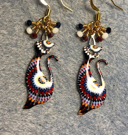 Dark red, white, and blue enamel paisley patterned cat charm earrings adorned with tiny dangling dark red, white, and blue Chinese crystal beads.