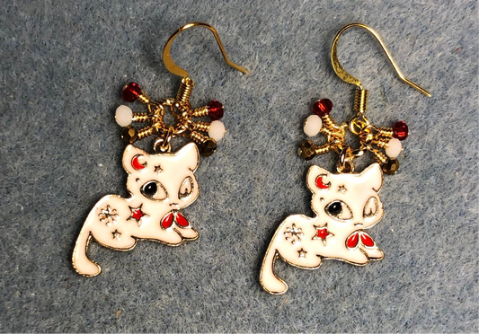 White, gold, and red enamel cat charm earrings adorned with tiny dangling white, gold, and red Chinese crystal beads.