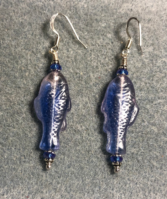 Blue and pink Czech glass fish bead earrings adorned with light blue Chinese crystal beads.