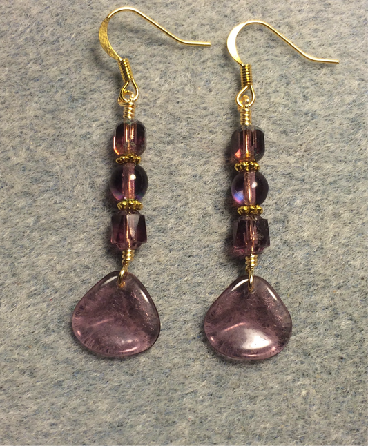 Translucent violet Czech glass rose petal earrings adorned with violet Czech glass beads.