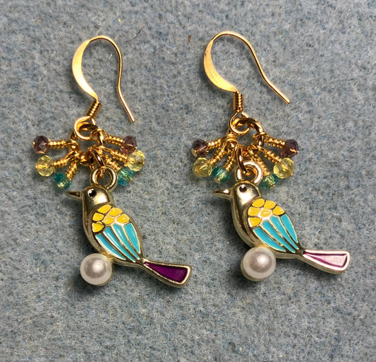 Yellow, turquoise, and violet enamel finch charm earrings adorned with tiny dangling yellow, turquoise, and violet Chinese crystal beads.